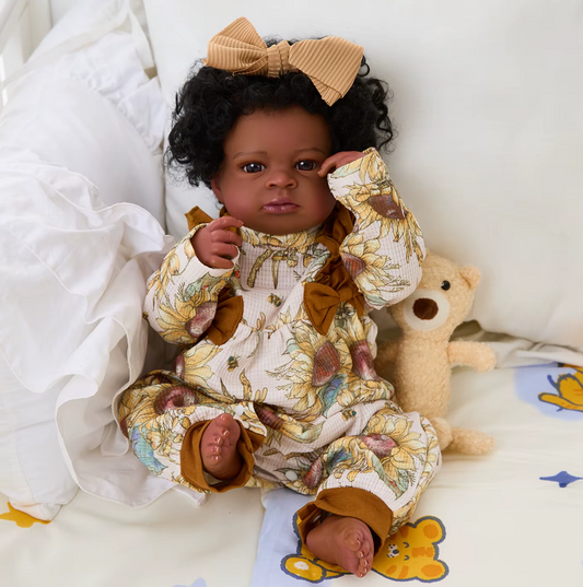 "Lanny" – Bambola Reborn Afroamericana da 50 cm con Pelle Nera e Capelli Rinascimentali