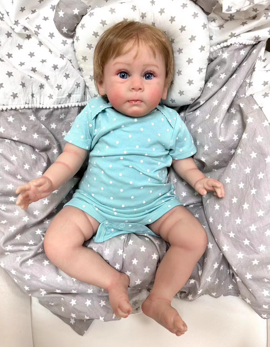 Finn – Poupée Reborn réaliste de 60 cm avec yeux bleus et cheveux implantés