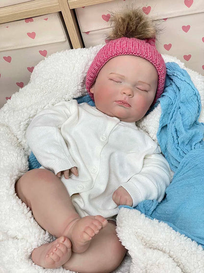 Amelie – 60 cm zauberhafte schlafende Reborn Babypuppe mit weichem Stoffkörper