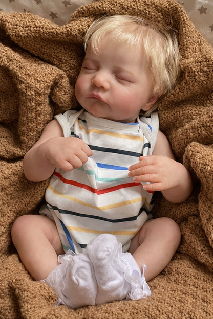 Noa – 50 cm schlafende Reborn Babypuppe mit blondem, handimplantiertem Haar